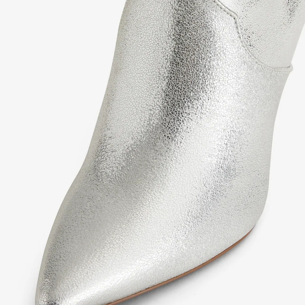 Express Pointed Toe Thin Heeled Booties. Metallic Silver. Size 8 - Picture 3 of 16